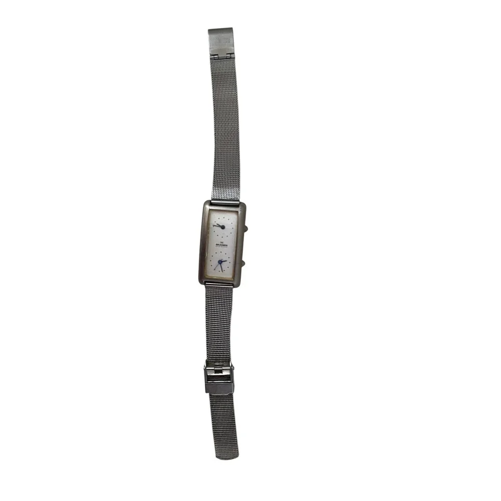 Skagen Denmark Dual Time Zone Silver Mesh Watch Women White Dial Rectangular